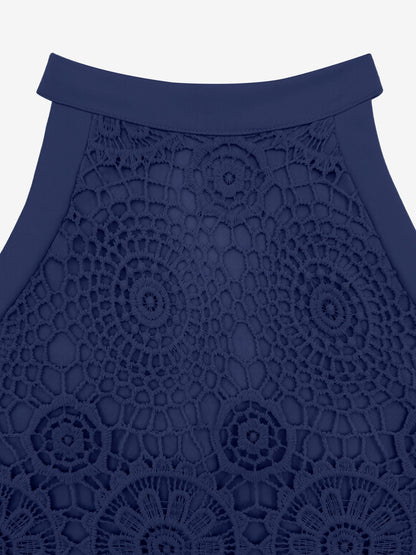 Elegant Floral Lace & Adjustable Straps Solid Color Halter Neck Lace Sleeveless Blouse