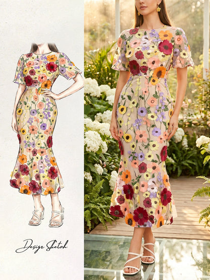 Flower Embroidery Short Sleeve Bodycon Fishtail Dress