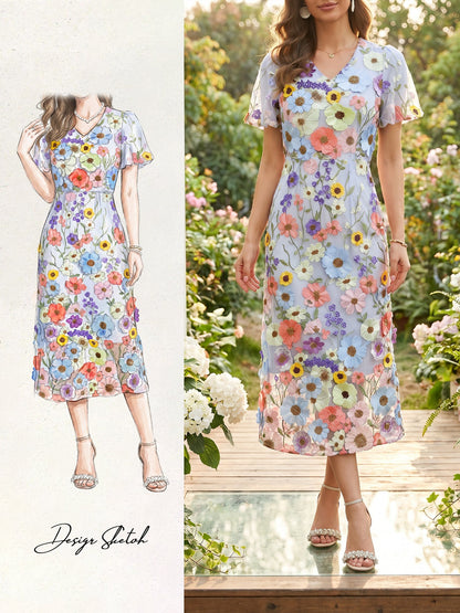 Flower Embroidered Puff Sleeves Midi Sheath Dress