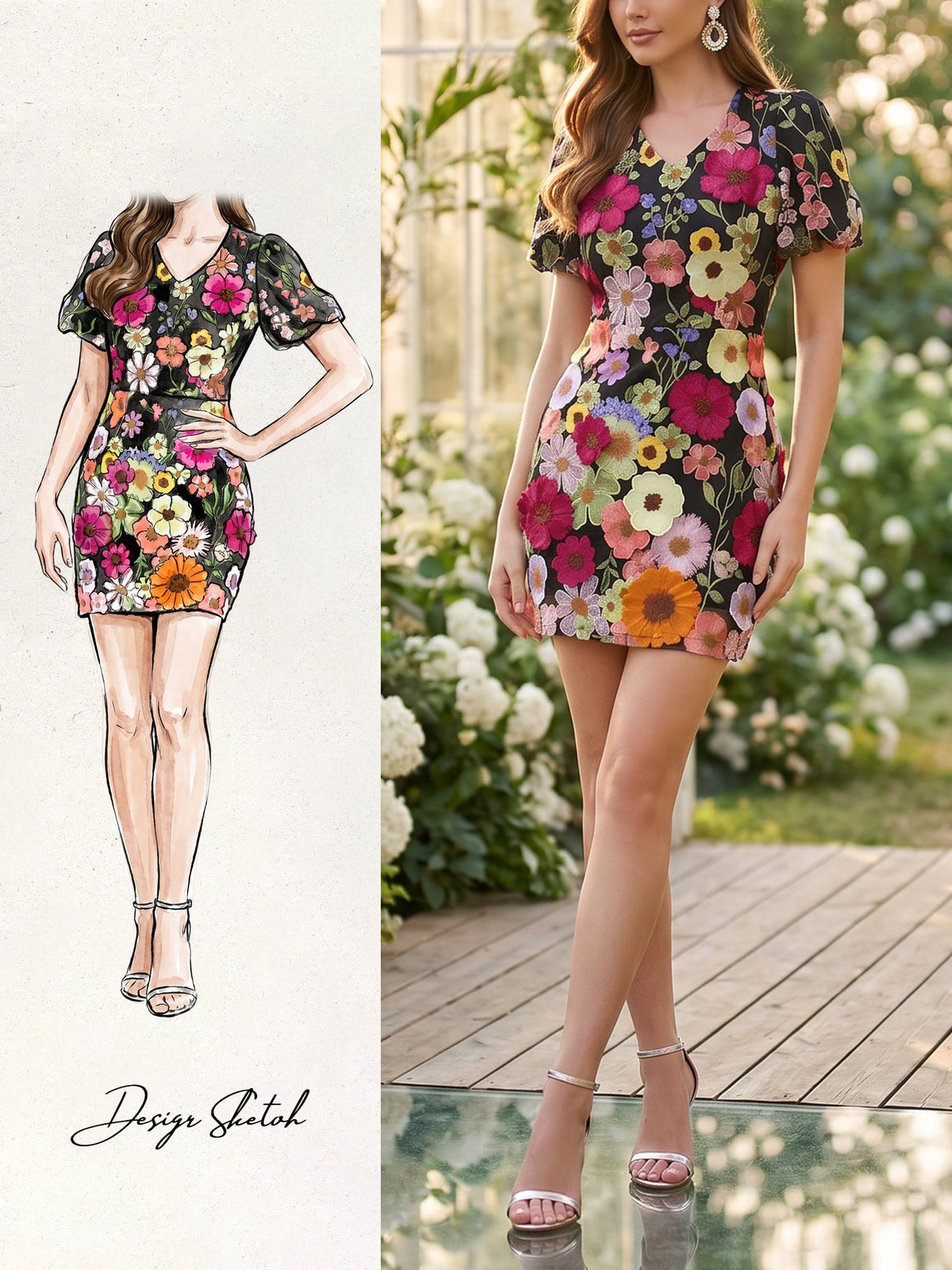 Flower Embroidered Puff Sleeves Mini Sheath Dress