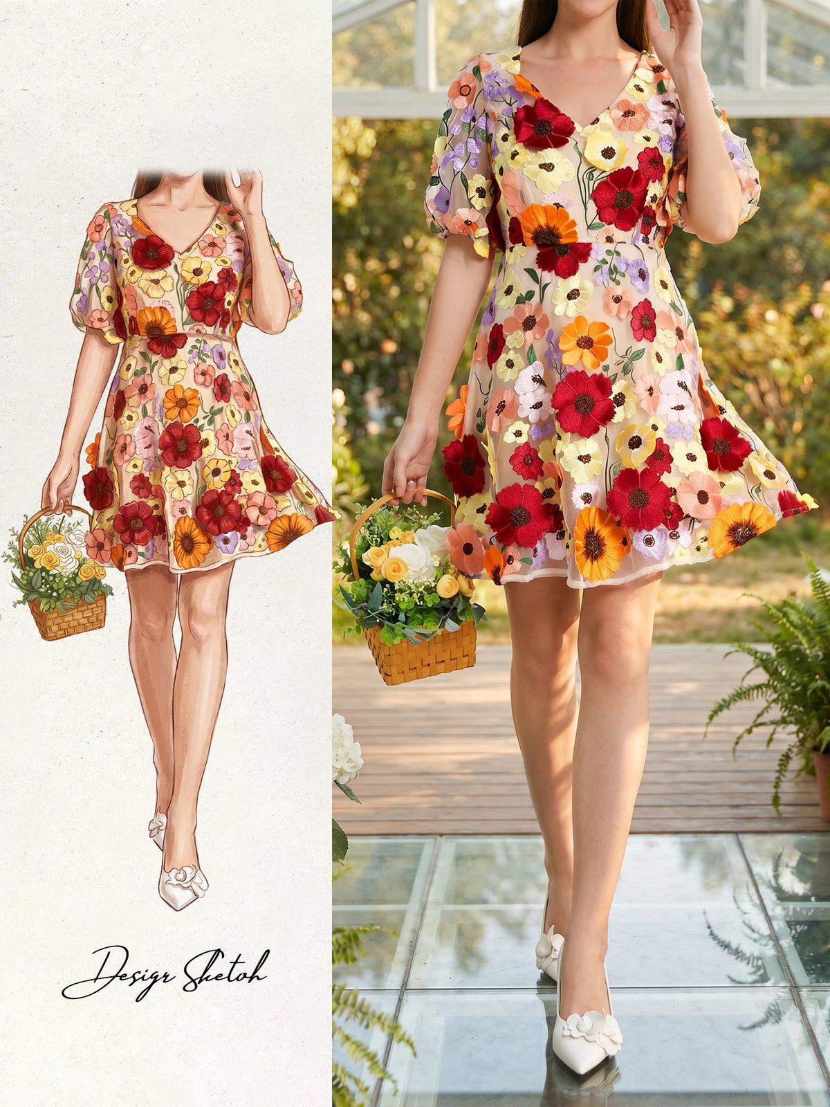 Flower Embroidered Puff Sleeves Mini A-Line Dress