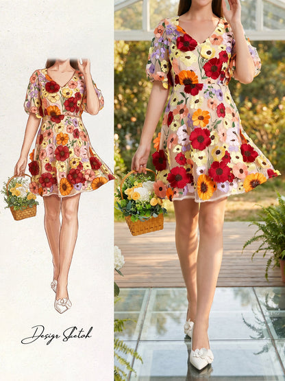 Flower Embroidered Puff Sleeves Mini A-Line Dress
