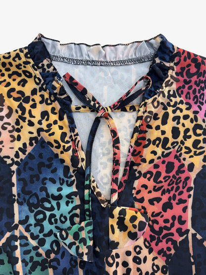 Leopard Print Mini Dress - V-Neck with Smocked Bodice & Ruffled Tiered Skirt