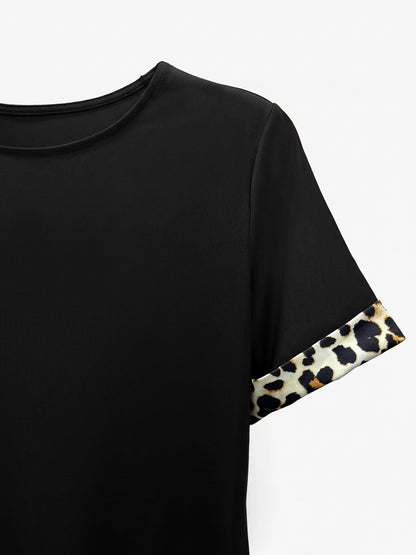 Leopard Print Patchwork Boat Neck Short Sleeve T-Shirt Dress