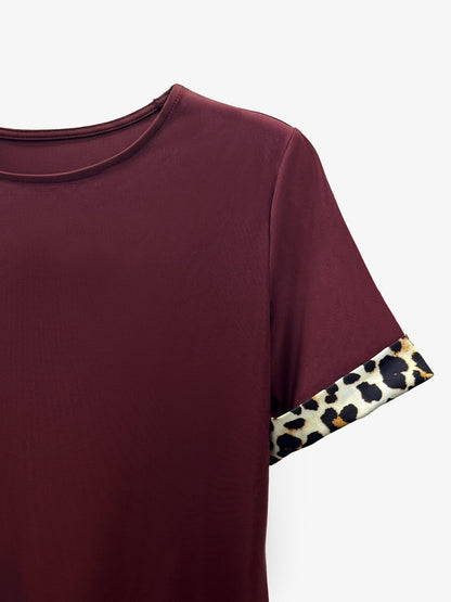 Leopard Print Patchwork Boat Neck Short Sleeve T-Shirt Dress