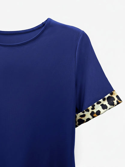 Leopard Print Patchwork Boat Neck Short Sleeve T-Shirt Dress