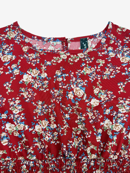 Floral Puff Sleeves Smocked Waist A-Line Midi Dress