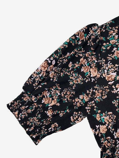 Floral Puff Sleeves Smocked Waist A-Line Midi Dress