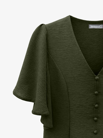 V-Neck Solid Color Flare Sleeve Casual Blouse