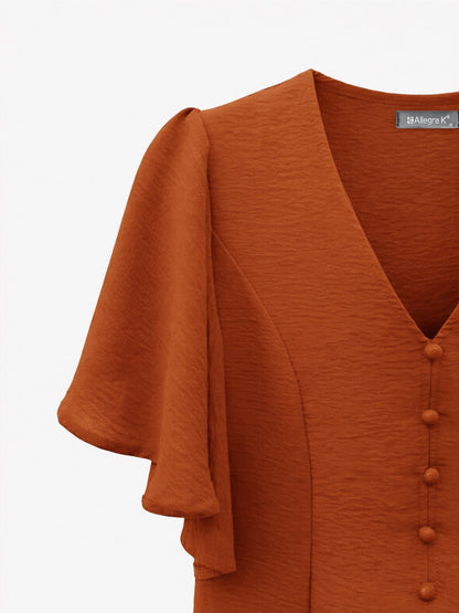 V-Neck Solid Color Flare Sleeve Casual Blouse