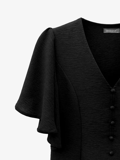 V-Neck Solid Color Flare Sleeve Casual Blouse