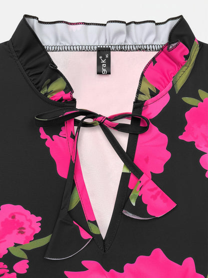 Ruffled Printed V-Neck Fitted Long Sleeve Tiered Dress