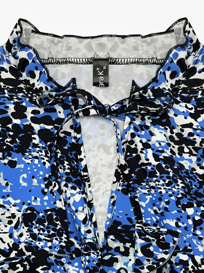 Ruffled Printed V-Neck Fitted Long Sleeve Tiered Dress