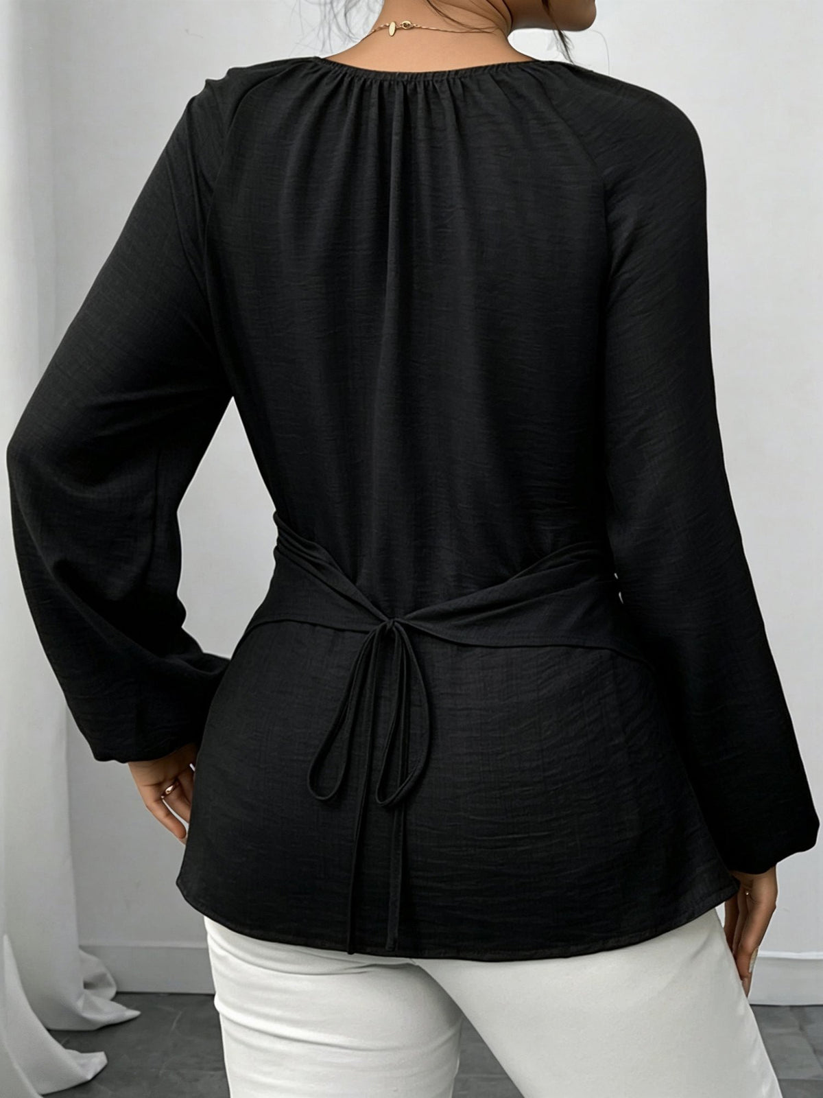 Round Neck Long Sleeves Criss Cross Lace-Up Blouse