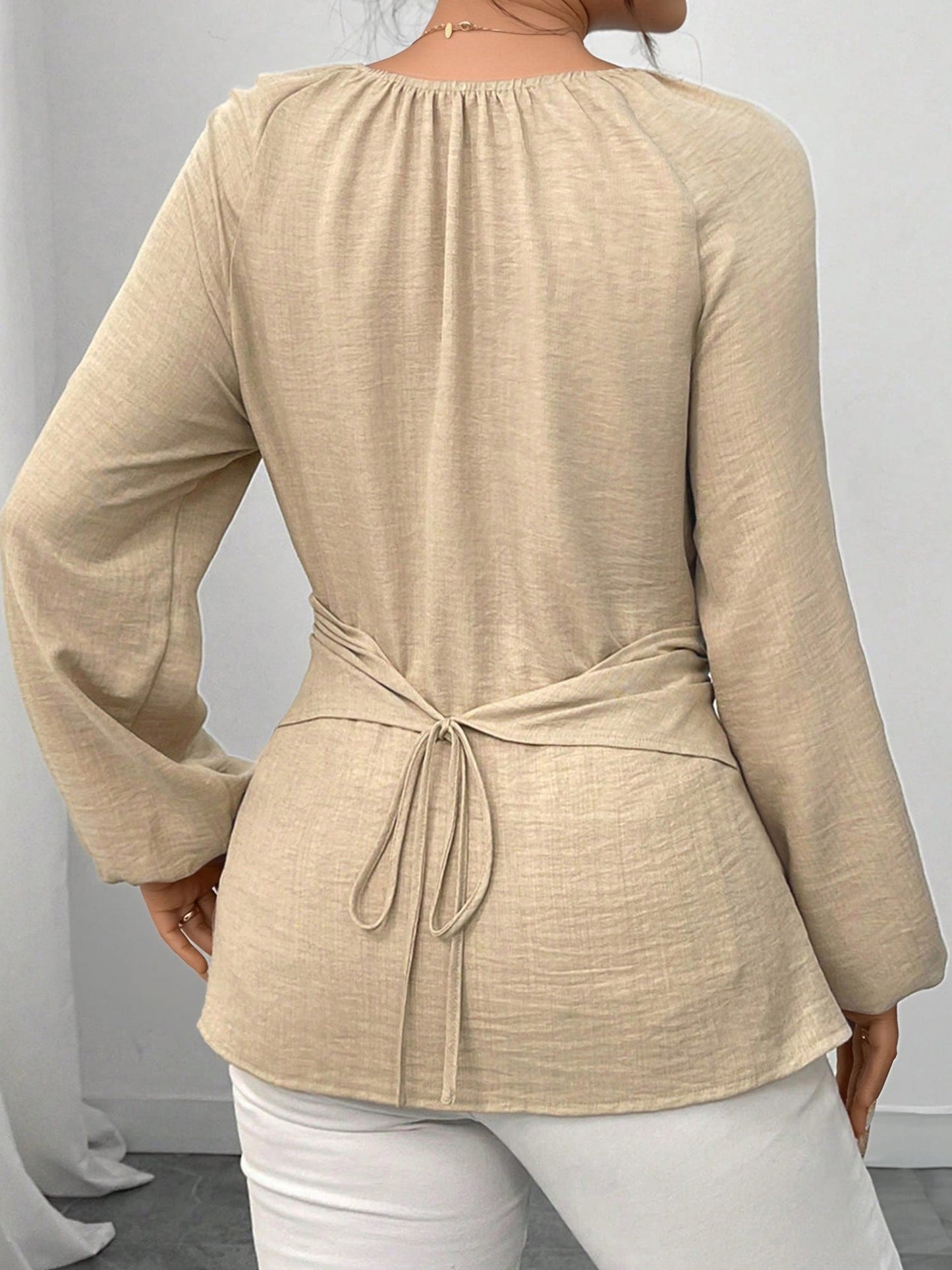 Round Neck Long Sleeves Criss Cross Lace-Up Blouse