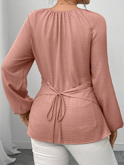 Round Neck Long Sleeves Criss Cross Lace-Up Blouse