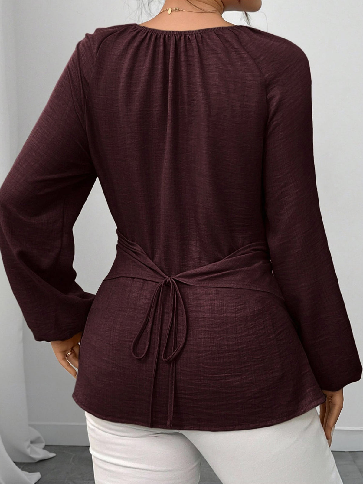 Round Neck Long Sleeves Criss Cross Lace-Up Blouse