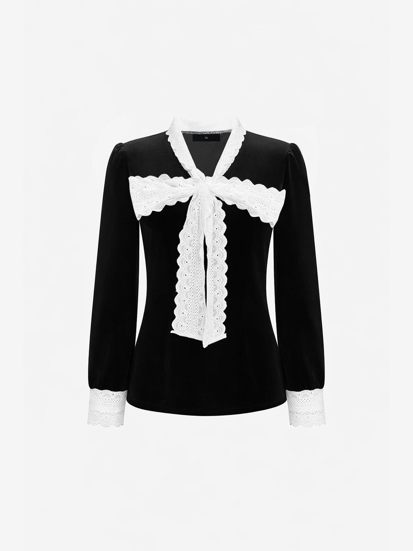 Colorblock Velvet Lace Bow Long Sleeve Blouse