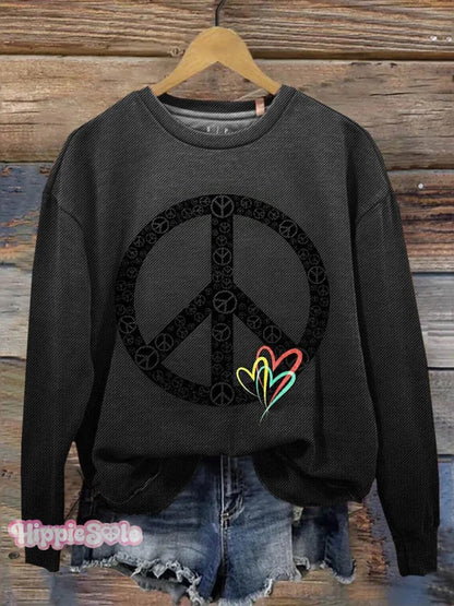 Women's Hippie Peace Heart Art Pattern Print Casual V-neck Long Sleeve T-shirt