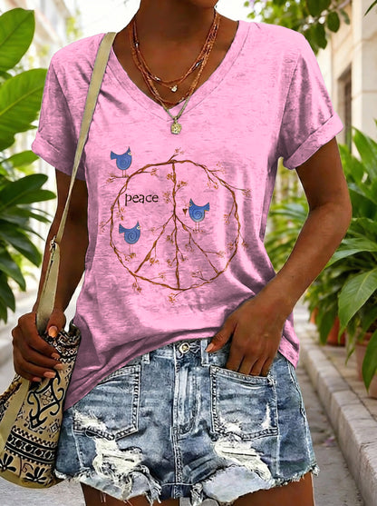 Women's Vintage Yellow Peace Sign Bird Hippie Art Print Casual V-neck Cotton T-shirt