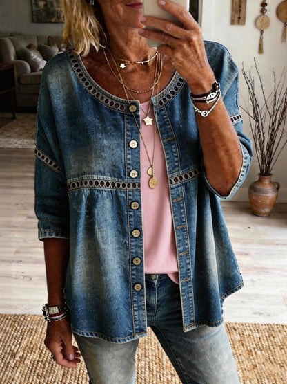 Women's Casual Round Neck Hollow-out Washed Cotton Denim Cardigan Shirt