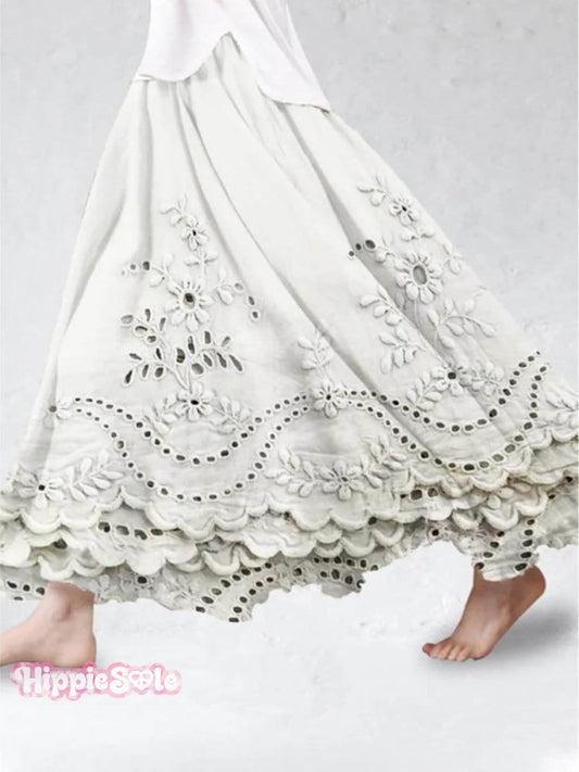 Women's Vintage Floral Art Pattern Solid Color Loose Elegant 3D Printed Cotton And Linen Skirt