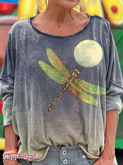 Women's Vintage Dragonfly Moon Art Print Casual Long Sleeve T-shirt