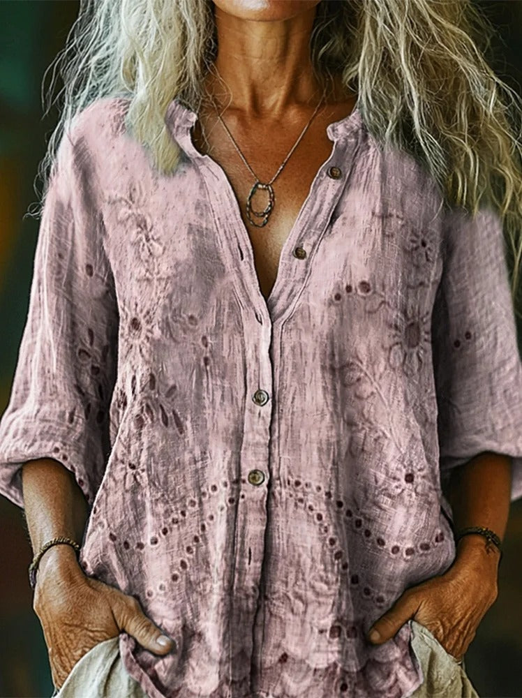Women's Vintage Floral Texture Patterns Print V-neck Casual T-Shirt