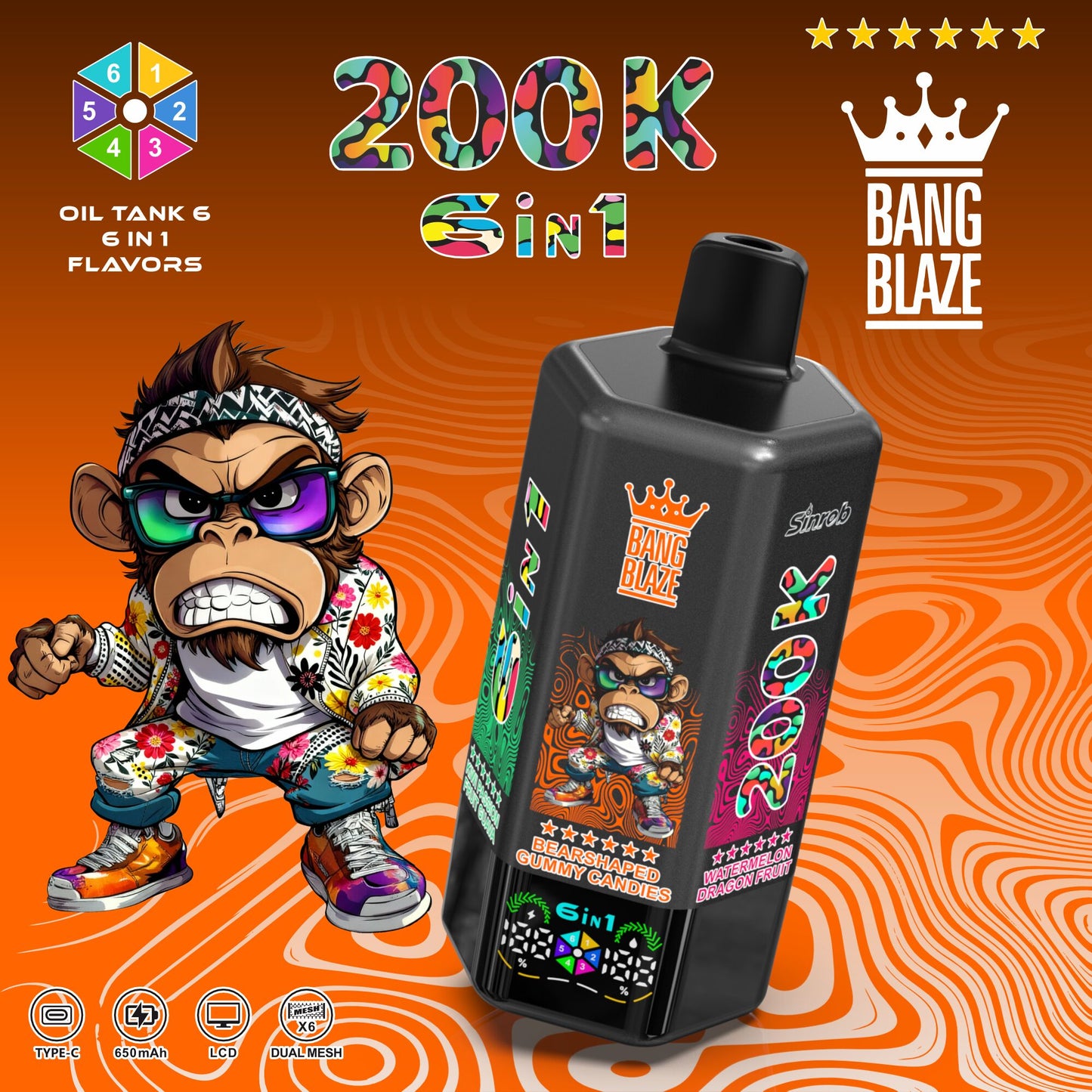 Bang Blaze 200000 200K Puffs 6 in 1 Flavors &  6 oil tanks Rechargeable LCD Display Disposable Vape