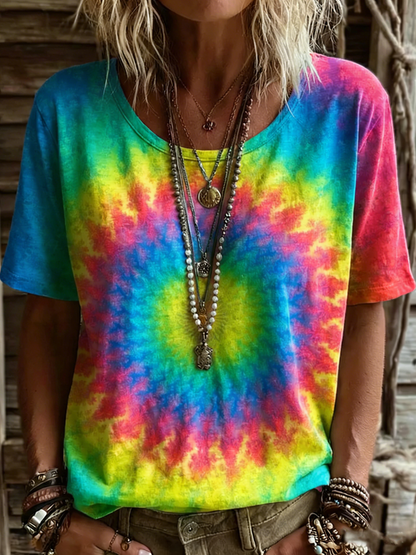 Women's Vintage Ethnic Pink Mandala Art Printed Casual Round Neck Short Sleeve Cotton T-shirt