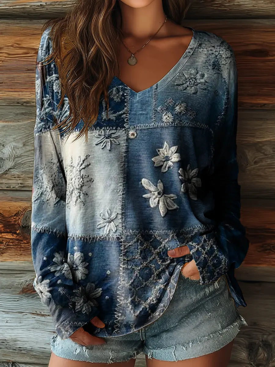 Women's Denim-Washed Floral Patchwork Art Print Casual V-Neck Long-Sleeve T-Shirt