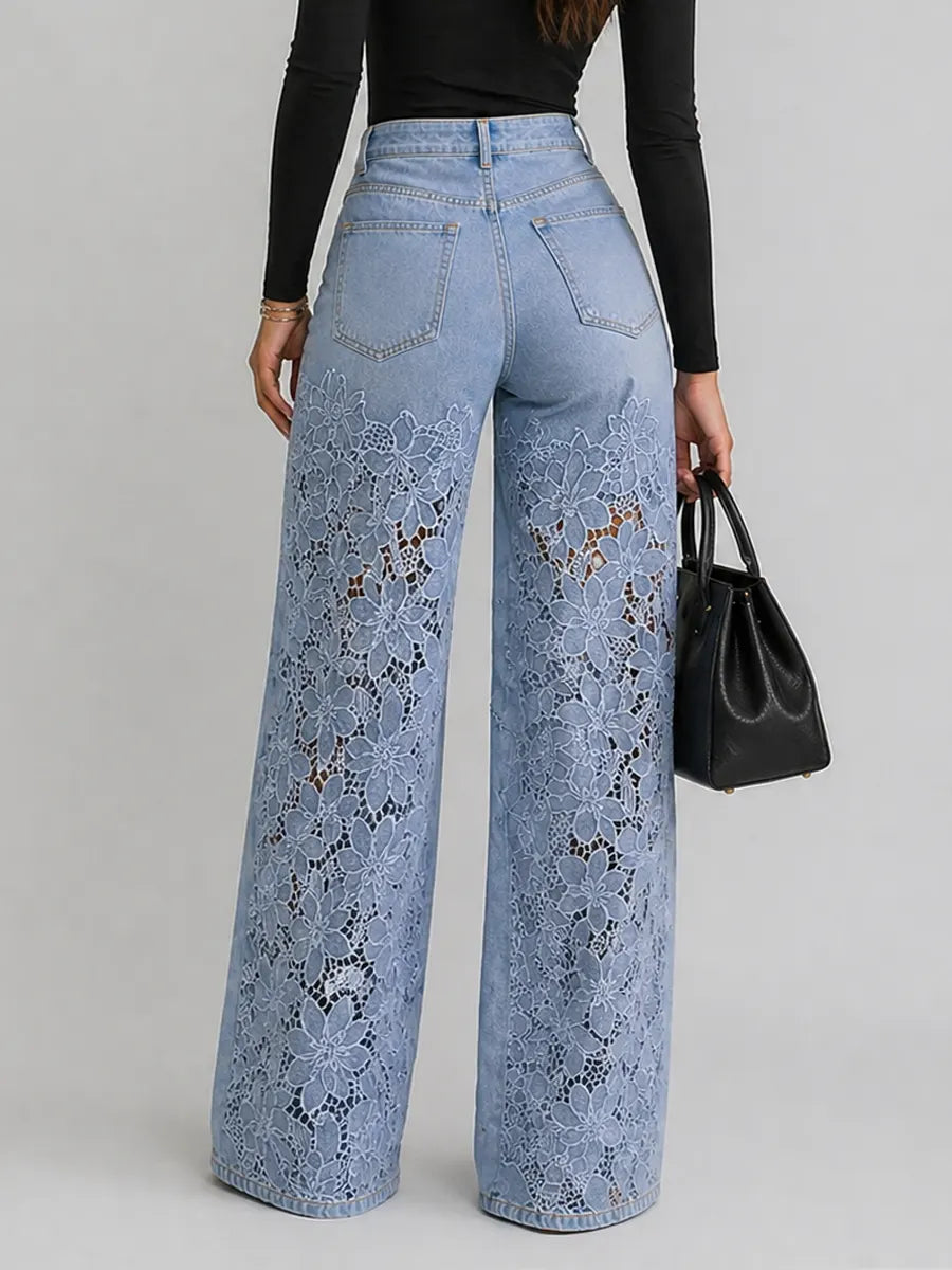 Kaliora - Floral Lace Wide Leg Jeans