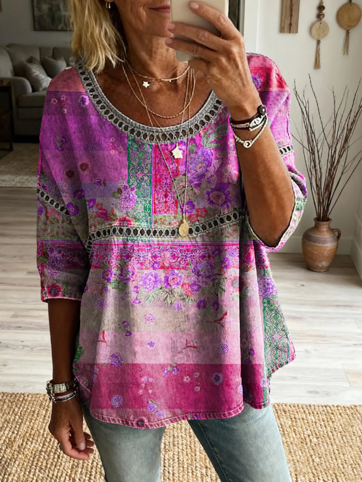Women's Floral Pattern Art Print Casual V-neck Lace-up Top