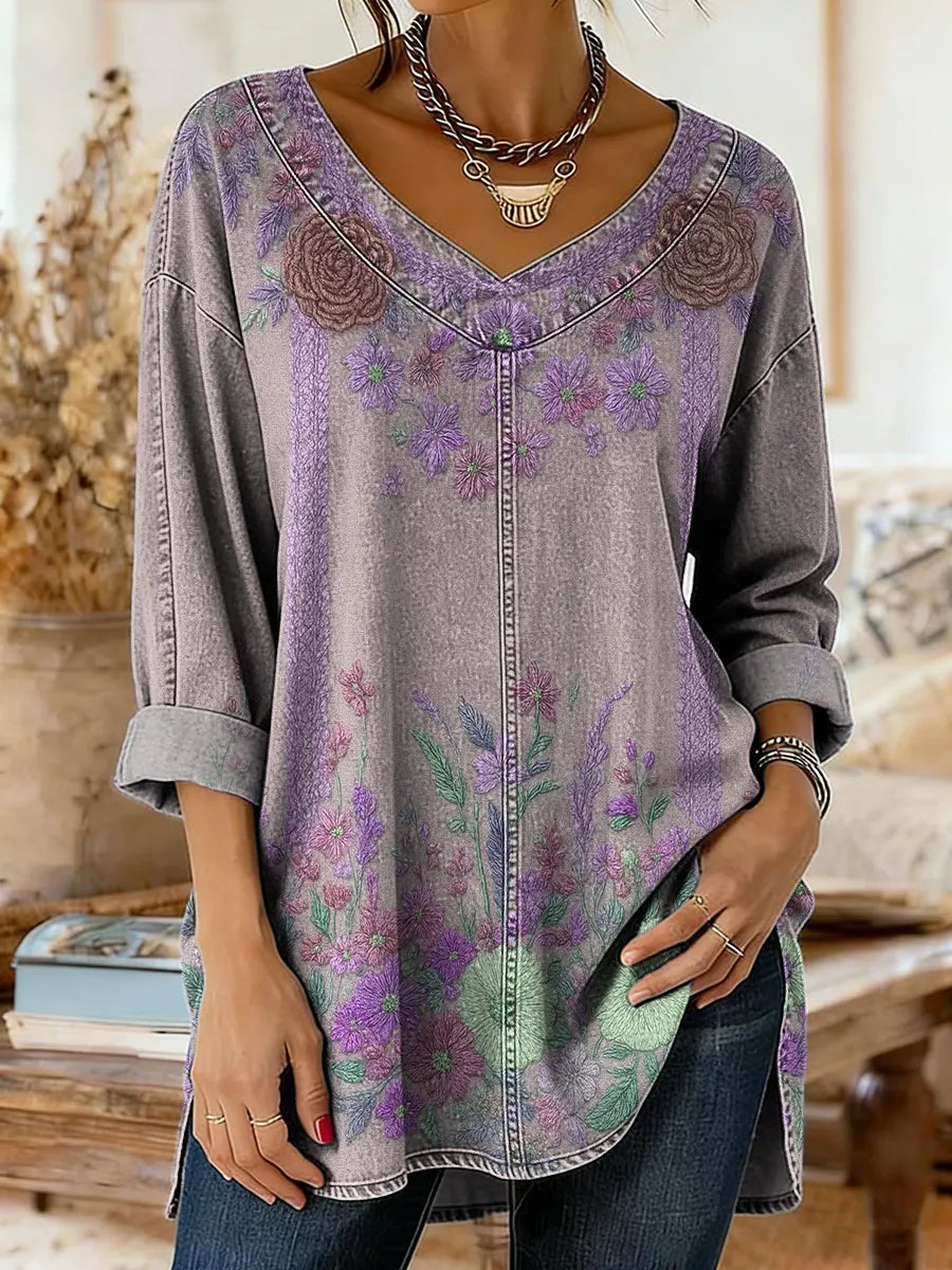 Retro Ethnic Floral Pattern Art Print Casual Washed Denim Cotton Top
