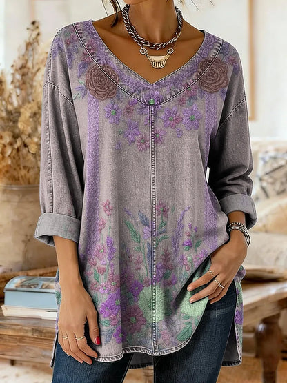 Retro Ethnic Floral Pattern Art Print Casual Washed Denim Cotton Top