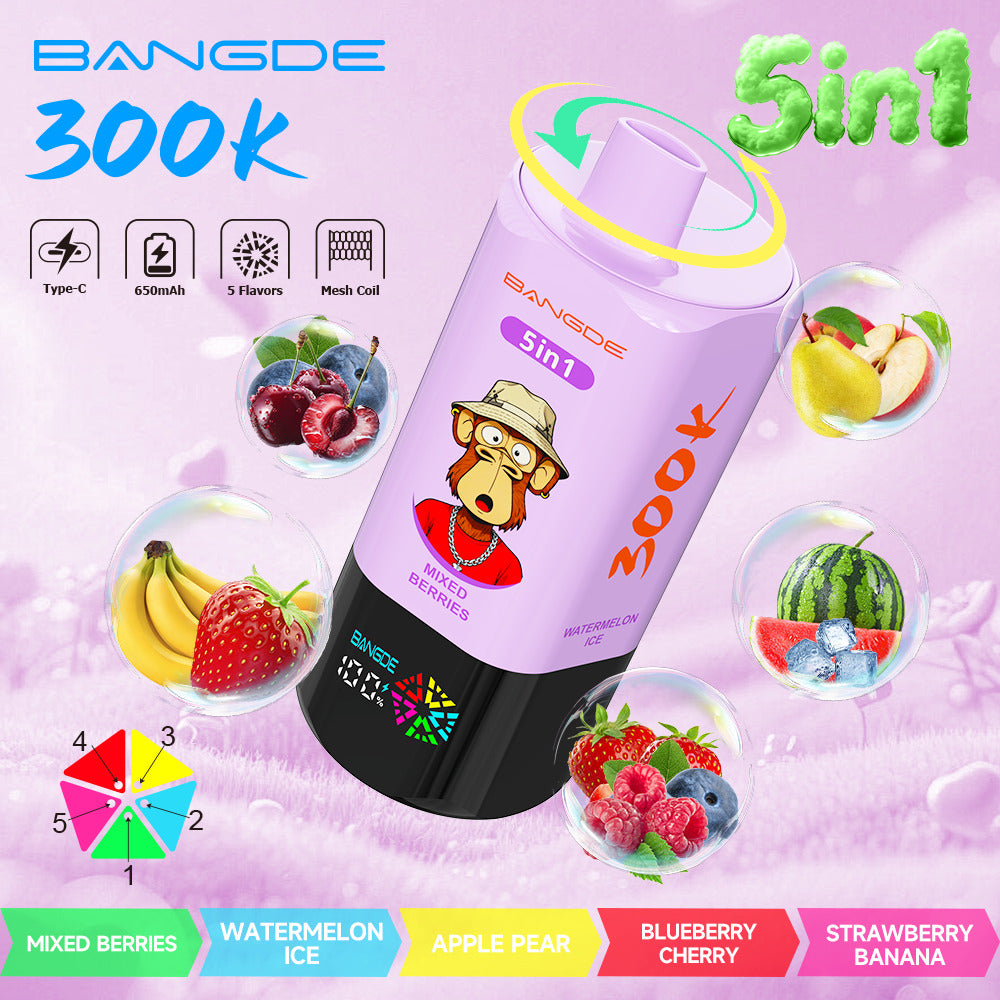 Bang DE 300K 300000 Vape 5-in-1 Flavors Rechargeable LED Display Disposable E-Cigarette
