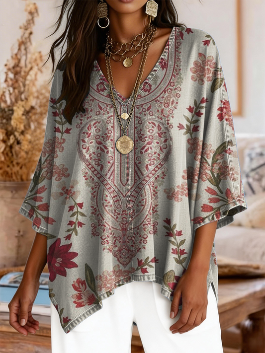 Women's Retro Bohemian Floral Art Print Casual V-neck Top
