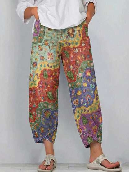 Women's Ethnic Wave Patchwork Art Print Cotton Jeans
