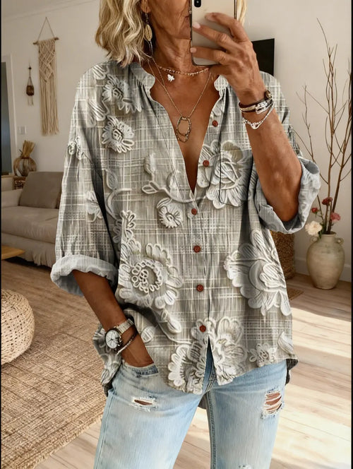 Women's Floral Art Print Casual Cotton-linen Blend Shirt