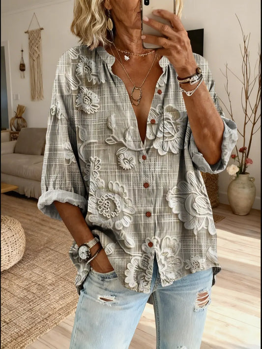 Women's Floral Art Print Casual Cotton-linen Blend Shirt