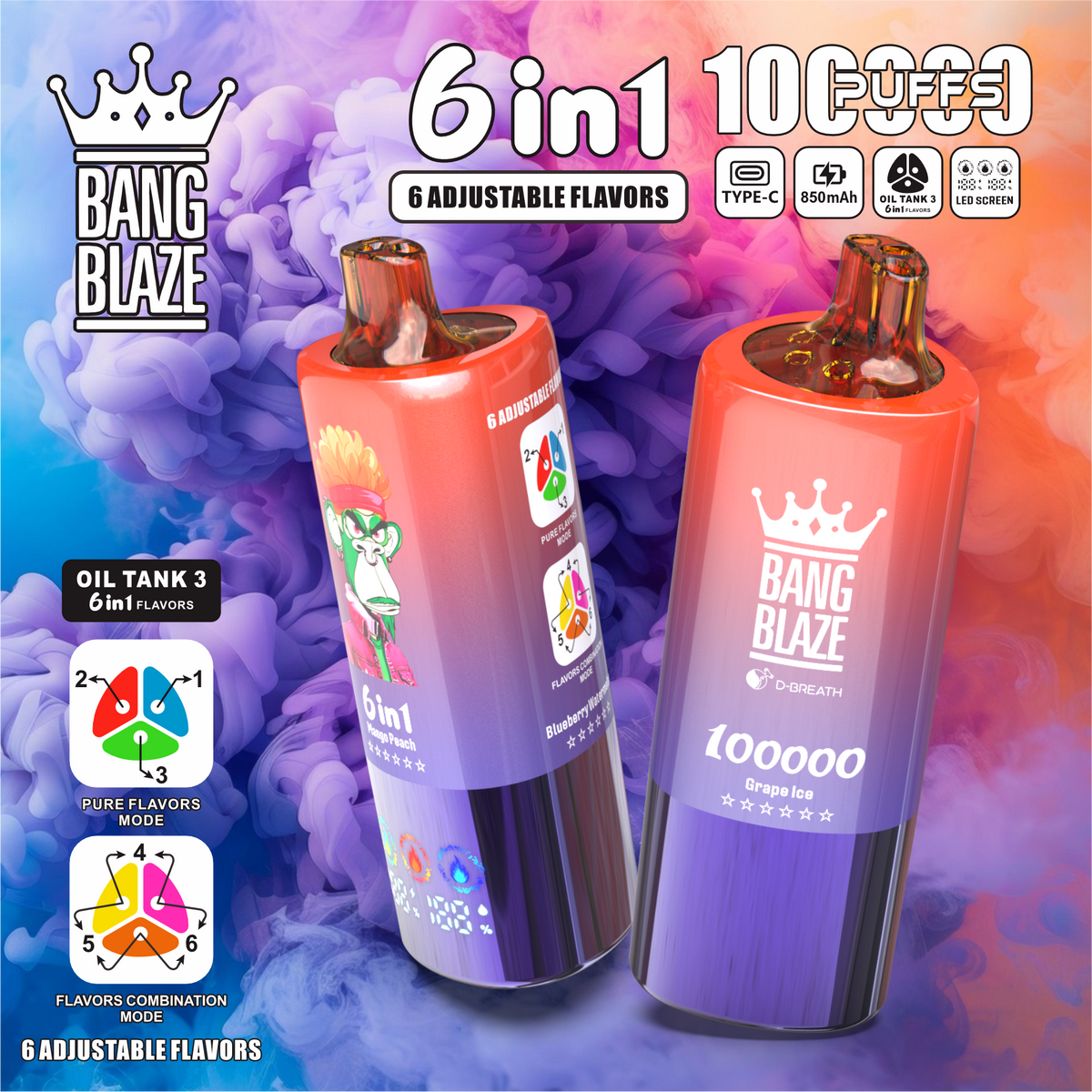 Bang Blaze 100000 100K Puffs 6 in 1 Flavors Newest Original Rechargeable LED Display Disposable Vape