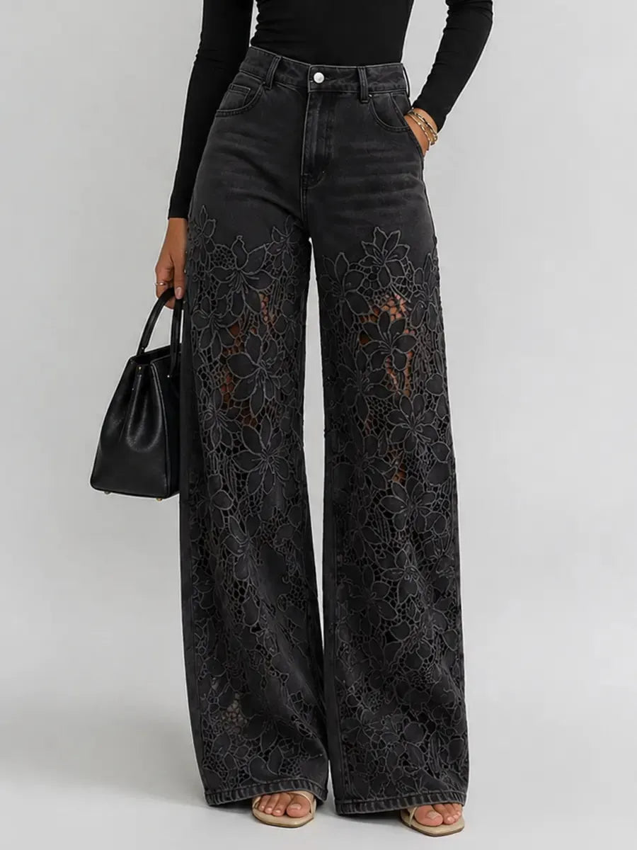 Kaliora - Floral Lace Wide Leg Jeans