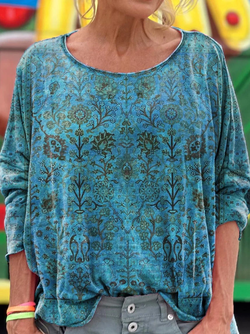 Women's Vintage Ethnic Blue Floral Totem Art Print Pocket Cotton V-Neck Long-Sleeve Dress