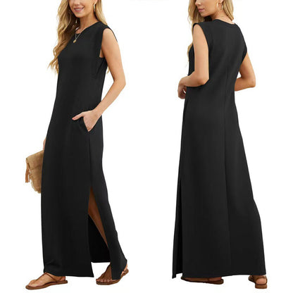 🎉2026 Hot Sale 49% OFF💃🌿Women's Crewneck Casual Loose Split Wrinkle-Free Long Dress