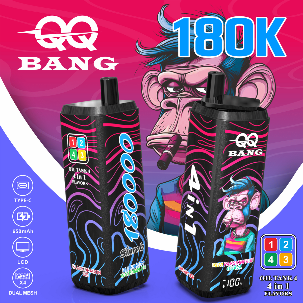 QQ Bang 180000 180K Puffs 4 In 1 Flavors LCD Display Rechargeable Disposable Vape