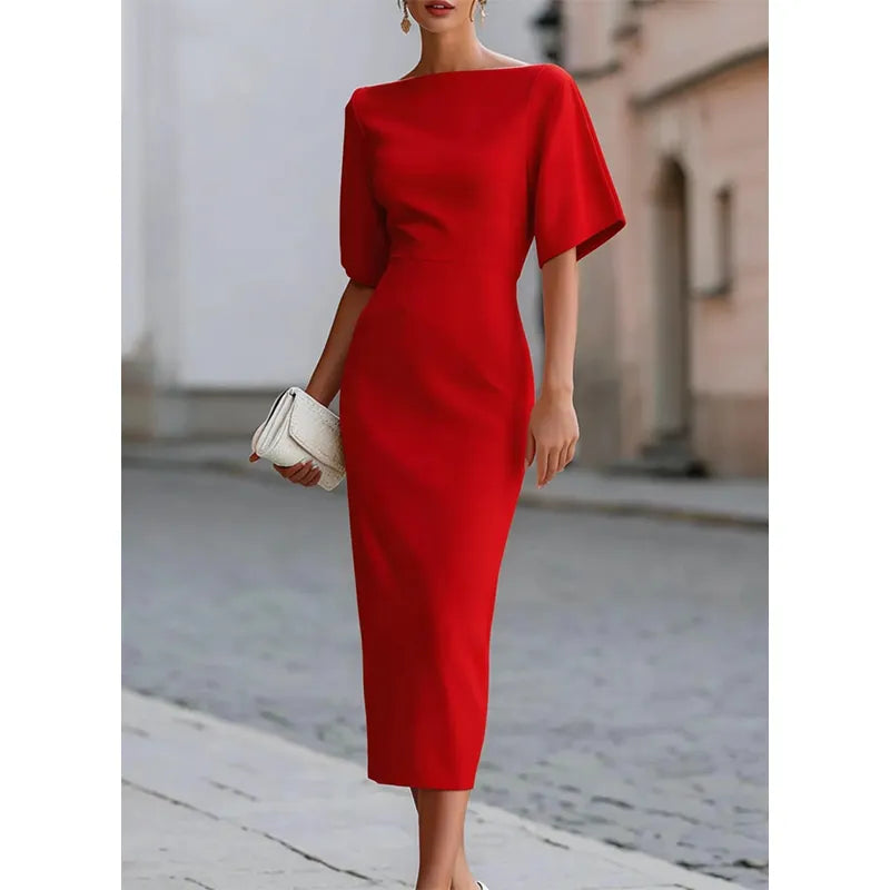 Leonelle - Elegant Boat Neck Midi Dress
