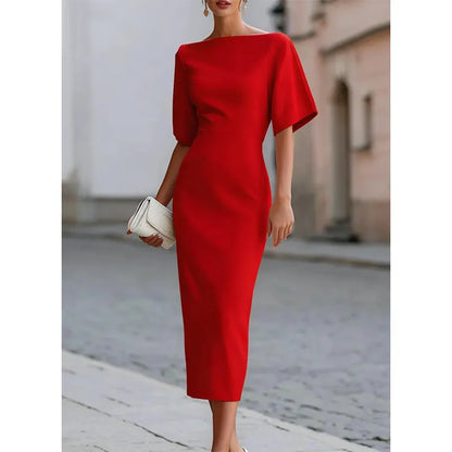 Leonelle - Elegant Boat Neck Midi Dress