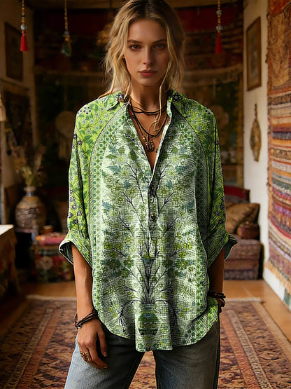 Women's Vintage Ethnic Floral Pattern Art Print Casual Long-sleeve Shirt