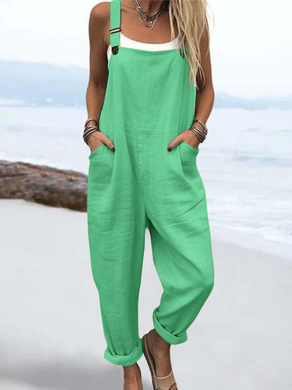 Wome's Vacation Retro  Casual Cotton Linen Wide Leg Jumpsuit
