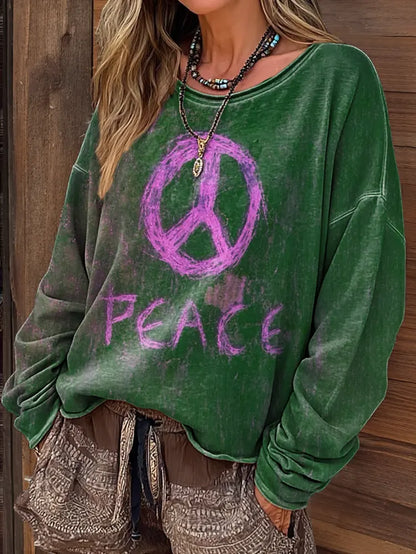 Women's Vintage Hippie Peace Art Print Casual Long-Sleeve T-Shirt